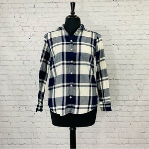 J. Crew navy and white plaid, flannel button up, size S